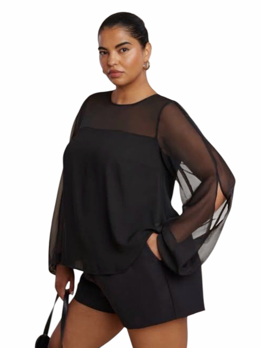 Eloquii Draped Sheer-Sleeve Plus Size Blouse